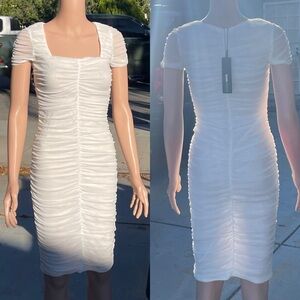 Fashion Nova White Ruched Mesh Dress Puff Sleeve